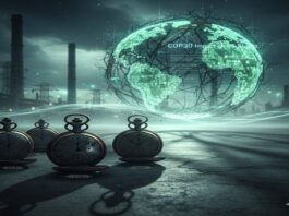 A futuristic illustration of global climate regulations affecting U.S. industries, symbolizing the COP30 impact on US stocks.