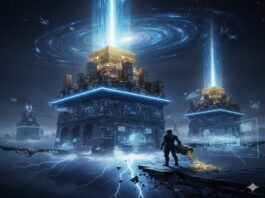 Futuristic AI data towers symbolizing Nvidia’s 3nm chip production with TSMC, representing next-generation GPU architecture and global AI infrastructure growth.