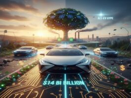 Toyota hybrid cars driving on a futuristic smart road with digital circuits, symbolizing Toyota’s $14 billion U.S. battery investment and shift away from full EV hype.