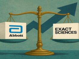 Scale balancing Abbott and Exact Sciences logos with growth arrow, symbolizing merger synergy.