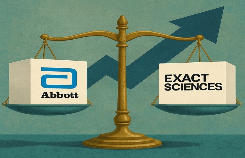 Scale balancing Abbott and Exact Sciences logos with growth arrow, symbolizing merger synergy.
