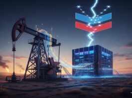 Chevron powering data centers in West Texas illustrated by an oil pumpjack connected to a futuristic data center, symbolizing natural-gas electricity for AI infrastructure.