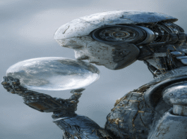 Futuristic robot gazing into a glowing crystal ball symbolizing Google Gemini 3 AI launch and rising AI investment risks