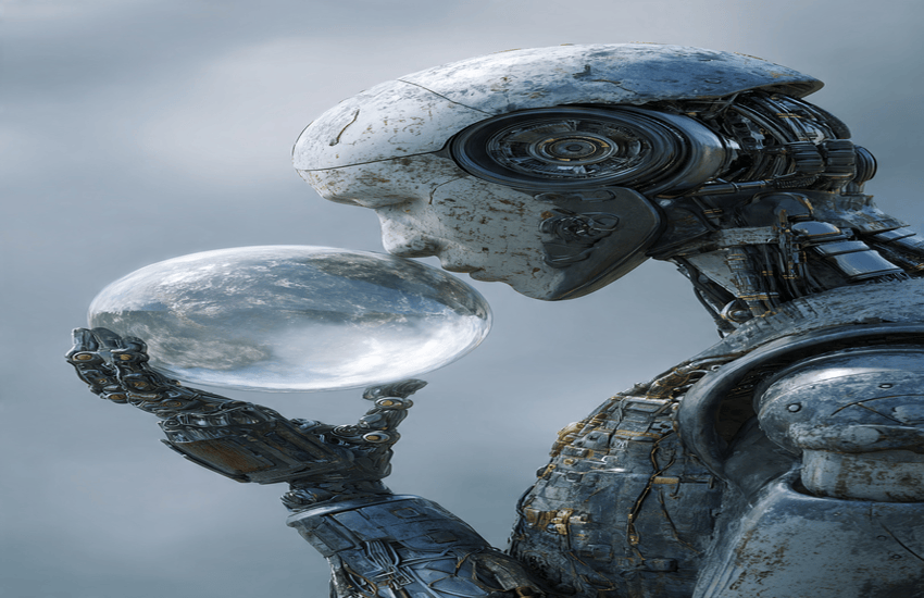 Futuristic robot gazing into a glowing crystal ball symbolizing Google Gemini 3 AI launch and rising AI investment risks