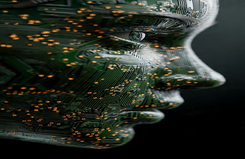 lose-up of a human face made from green AI circuitry, symbolizing Google vs Nvidia AI chips competition. Caption: