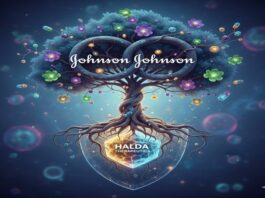Illustration symbolizing the Johnson & Johnson Halda acquisition, showing J&J’s growth tree merging with Halda Therapeutics’ oncology platform.