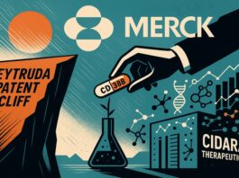 Illustration of Merck acquiring Cidara Therapeutics to offset the Keytruda patent cliff, featuring CD388 as a new flu prevention drug and biotech growth graphics.