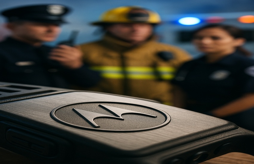Motorola logo in focus with blurred emergency responders in background, symbolizing the company’s transformation to public safety technology.