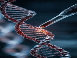 Close-up of gene editing concept showing DNA helix and pipette symbolizing Novartis gene therapy approval