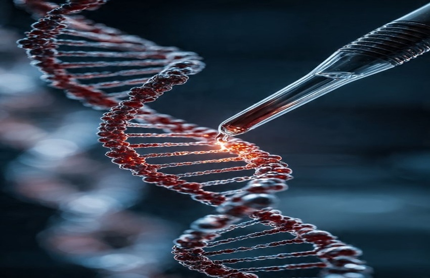 Close-up of gene editing concept showing DNA helix and pipette symbolizing Novartis gene therapy approval