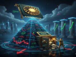 Illustration of Peter Thiel cashing out Nvidia investment amid AI stock bubble concerns and high market valuations