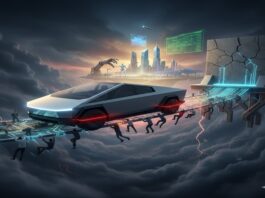 Futuristic Tesla Cybertruck crossing a collapsing AI bridge held by retail investors amid a stormy digital landscape.
