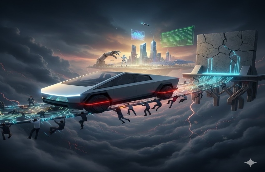 Futuristic Tesla Cybertruck crossing a collapsing AI bridge held by retail investors amid a stormy digital landscape.
