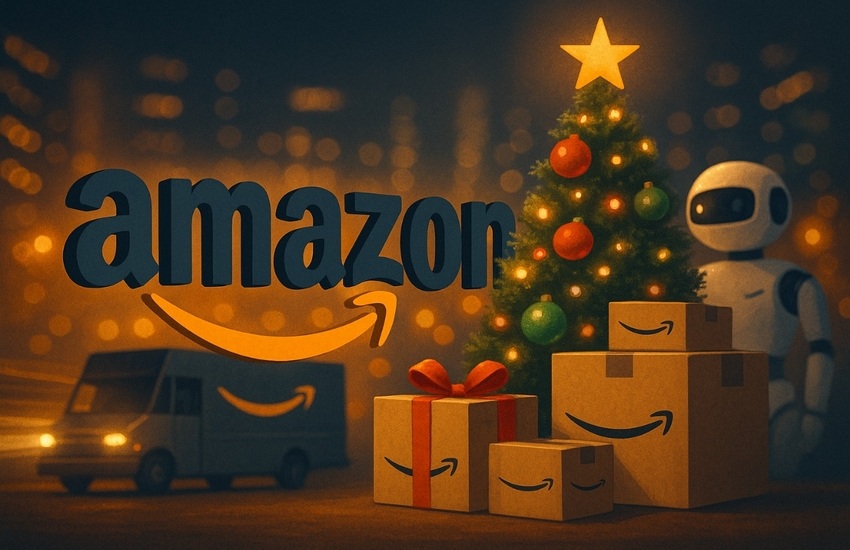 Holiday-themed editorial illustration representing Amazon’s AI, logistics, and Rufus strategy during the 2025 shopping season.