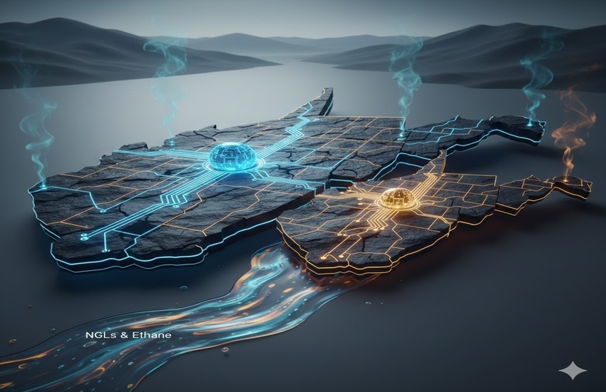 Digital map of West Virginia and Ohio showing NGL and ethane infrastructure network