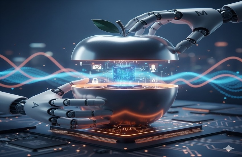 Robotic hands opening a metallic apple with AI chip inside, symbolizing Apple’s shift in artificial intelligence strategy