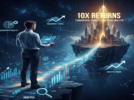 Investor analyzing financial data on a digital tablet with a futuristic pathway leading to a glowing city symbolizing 10x stock returns and fundamental analysis concepts.