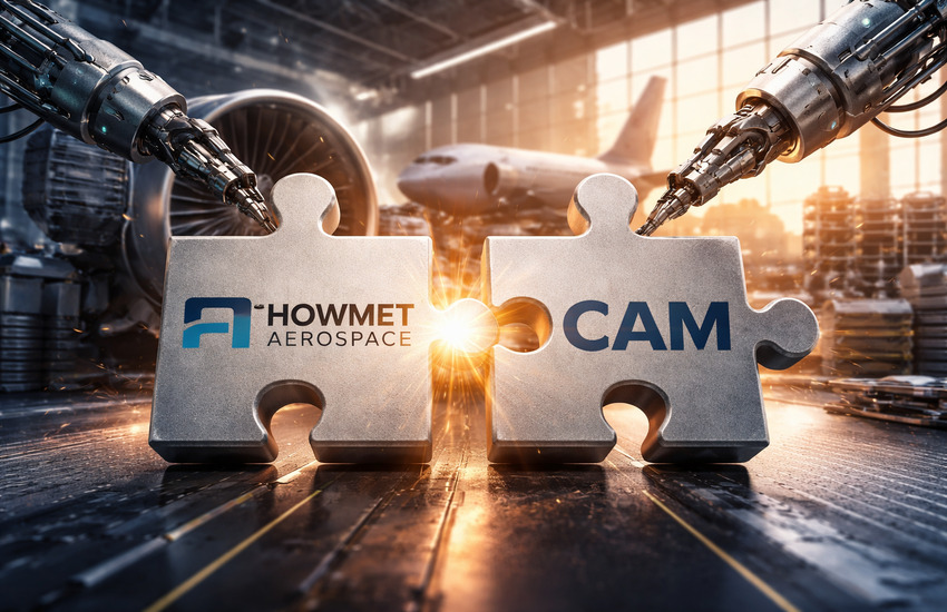 Digital illustration of robotic arms connecting Howmet and CAM puzzle pieces in an aerospace manufacturing setting