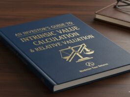 Blue hardcover book titled “An Investor’s Guide to Intrinsic Value Calculation & Relative Valuation” on a wooden desk.