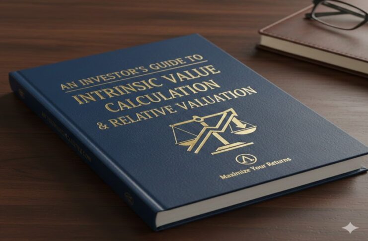 Blue hardcover book titled “An Investor’s Guide to Intrinsic Value Calculation & Relative Valuation” on a wooden desk.