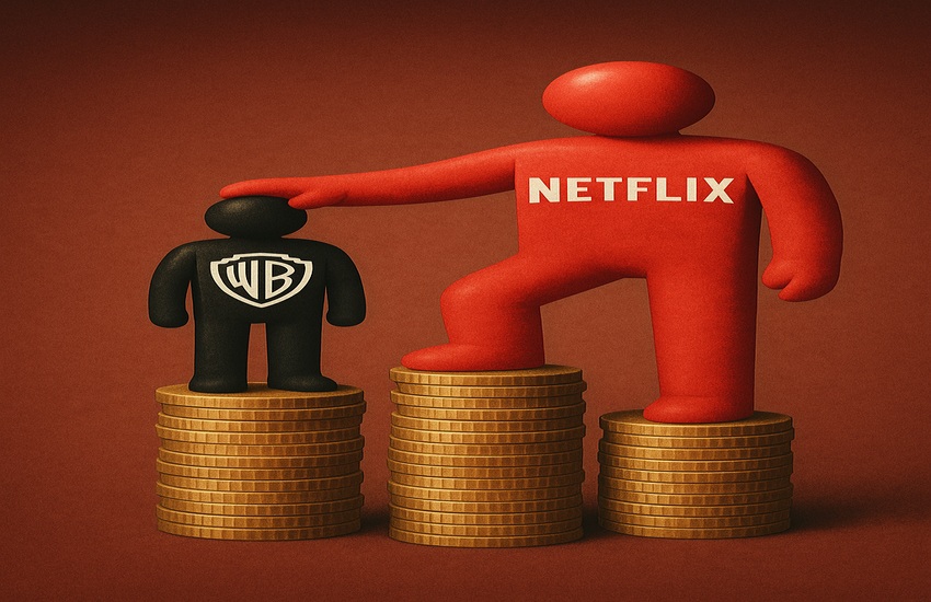 Metaphorical editorial concept showing Netflix acquiring Warner Bros with symbolic figurines and coins