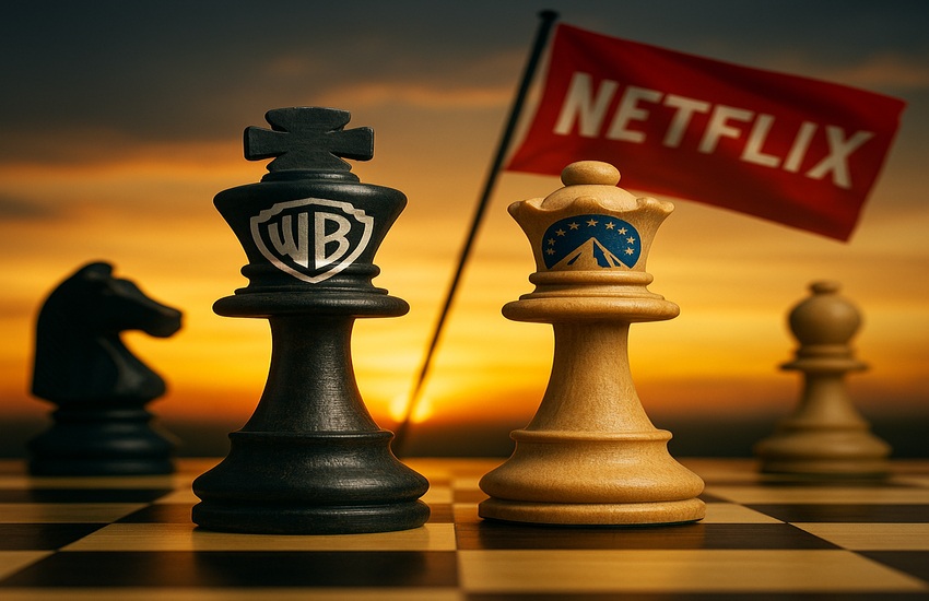 Metaphorical chess battle symbolizing the Paramount Warner Bros takeover against Netflix