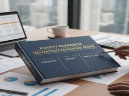Equity research book showing valuation multiples like EV/EBITDA, EV/EBIT, and price to book on a desk with financial charts.