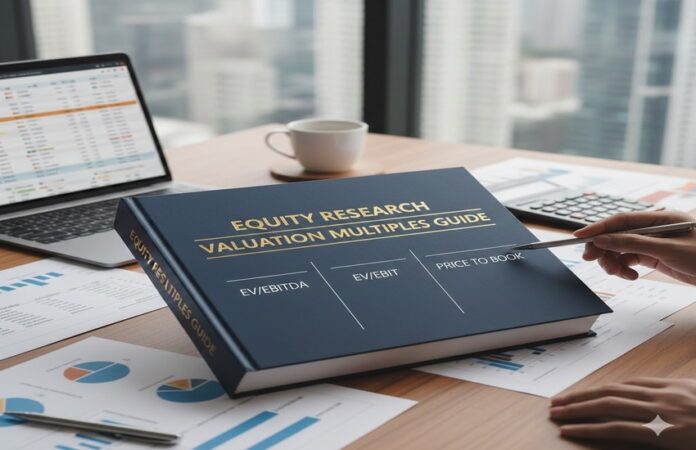 Equity research book showing valuation multiples like EV/EBITDA, EV/EBIT, and price to book on a desk with financial charts.