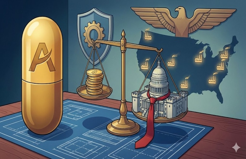 Illustration of AbbVie pill, government scale, and U.S. pharma factories representing investment and policy trade-offs