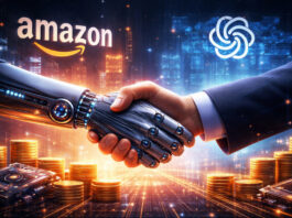 Metaphorical illustration representing Amazon’s strategic investment in OpenAI and the growing power dynamics in AI cloud computing