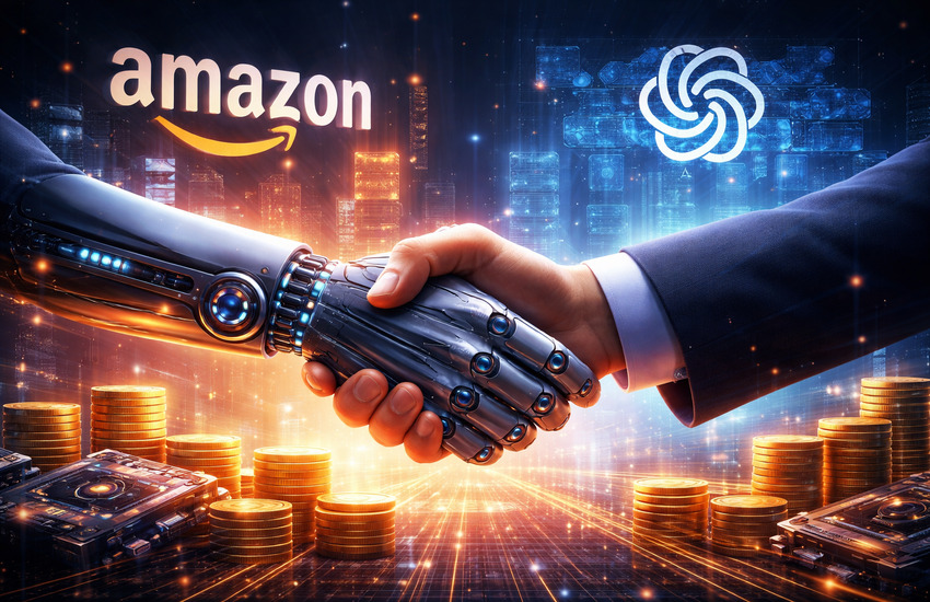 Metaphorical illustration representing Amazon’s strategic investment in OpenAI and the growing power dynamics in AI cloud computing