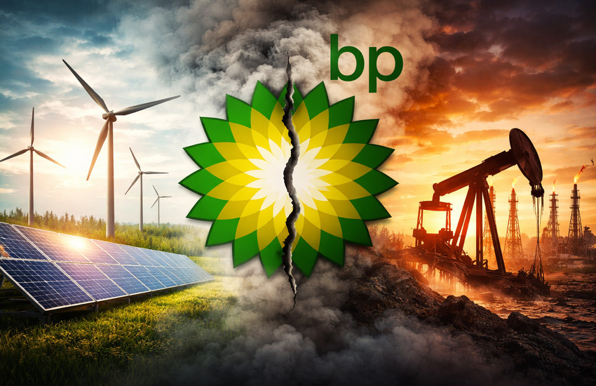 Conceptual image showing BP's transition from renewable energy to oil, featuring wind turbines and oil refinery