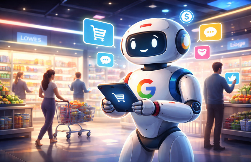 Illustration of Google AI shopping assistant robot helping customers in a futuristic grocery store