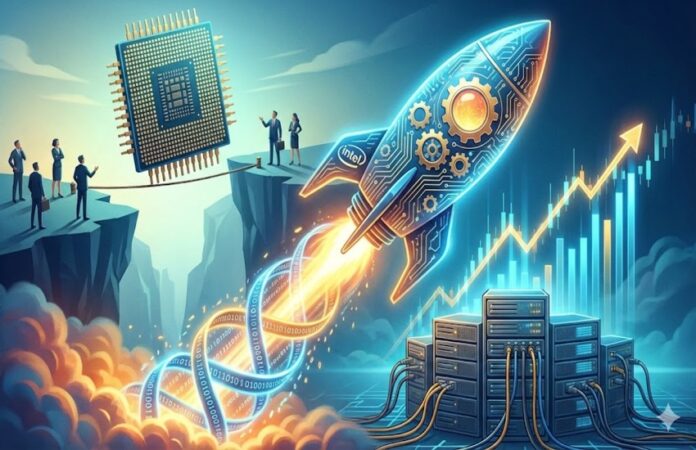 intel-ai-chip-boom-2026-growth-rocket Illustration of Intel chip-powered rocket symbolizing AI growth, server demand, and stock surge with digital data and analytics