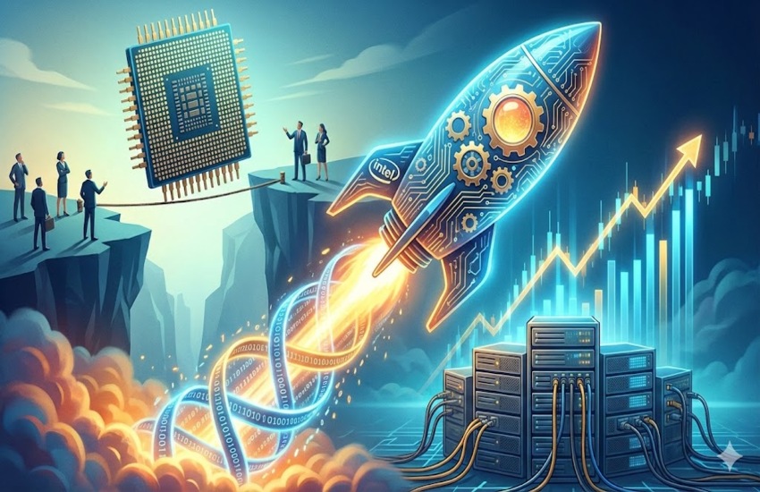 Illustration of Intel chip-powered rocket symbolizing AI growth, server demand, and stock surge with digital data and analytics