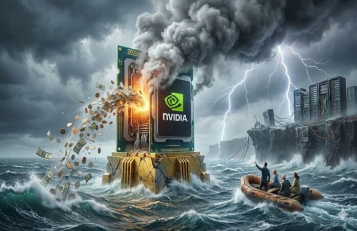 Dramatic Nvidia chip leaking money during AI storm, symbolizing stock crash and tech investor panic
