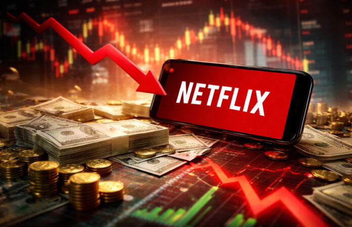 Smartphone with Netflix logo amid falling stock charts, cash, and coins symbolizing financial pressure and stock decline.