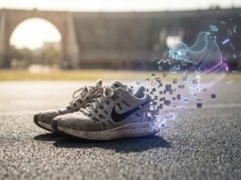 Old Nike sneaker dissolving into digital pixels, symbolizing the company’s exit from NFTs