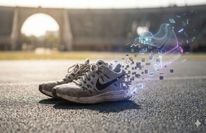 Old Nike sneaker dissolving into digital pixels, symbolizing the company’s exit from NFTs