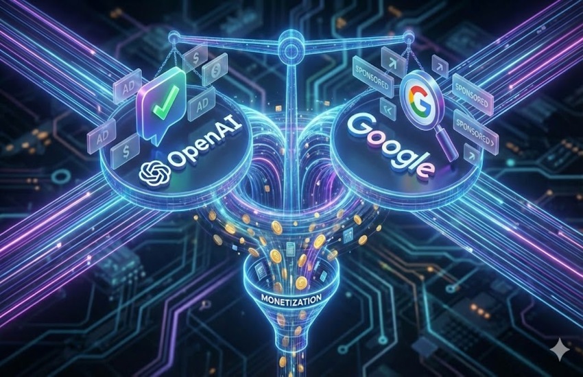 A futuristic illustration showing OpenAI and Google competing for ad monetization, with sponsored ad icons and a revenue funnel.