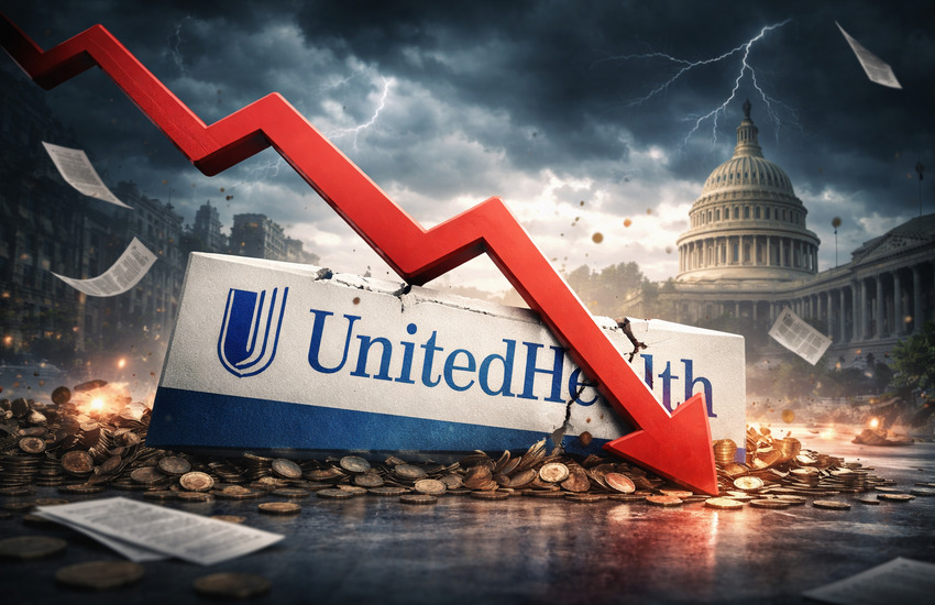UnitedHealth logo cracked by a plunging red arrow with Capitol building in background
