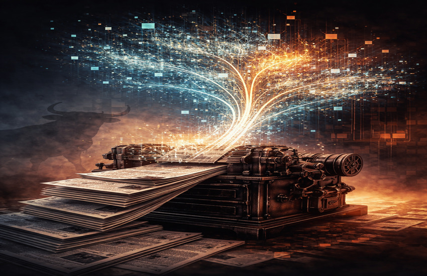 Antique printing press transforming newspapers into digital light branches with a market bull silhouette in the background