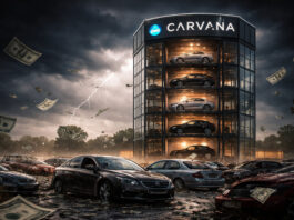 Storm clouds over a car vending tower surrounded by used cars and swirling money, symbolizing financial stress