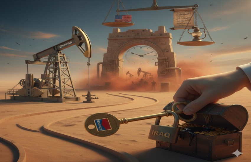 Hand holding Chevron key unlocking Iraq oil chest beside pumpjack, clock arch, and scales symbolizing approvals and exclusive talks.