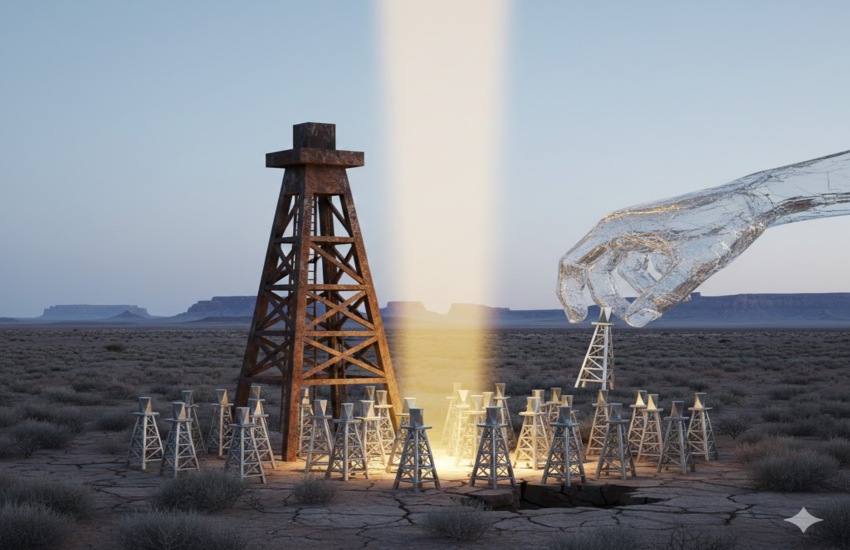Metaphorical oil rigs in desert with spotlight and transparent hand symbolizing ConocoPhillips Permian asset divestiture