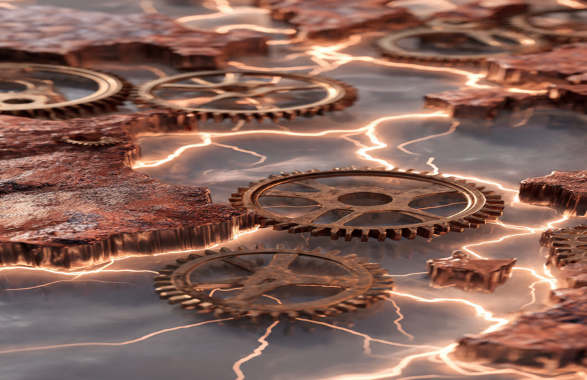Abstract copper-toned gears separated by cracks and electrical currents, symbolizing structural breakdown in mining consolidation and copper supply constraints.
