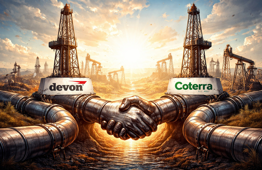 Illustration of Devon and Coterra Energy merger symbolized by handshake formed from oil pipelines and drilling rigs