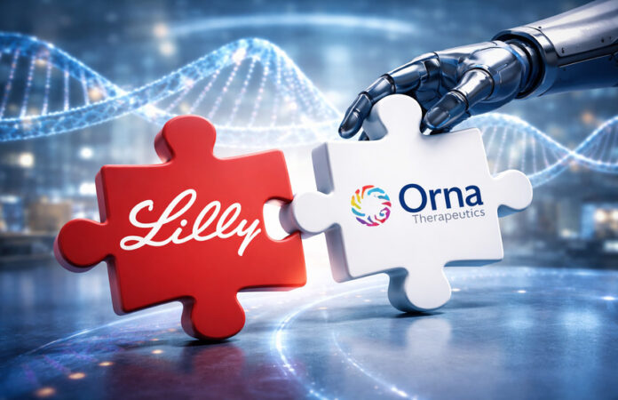 eli-lilly-orna-therapeutics-rna-platform-acquisition-editorial-concept Metaphorical editorial image representing Eli Lilly’s acquisition of Orna Therapeutics and its strategic RNA platform expansion.