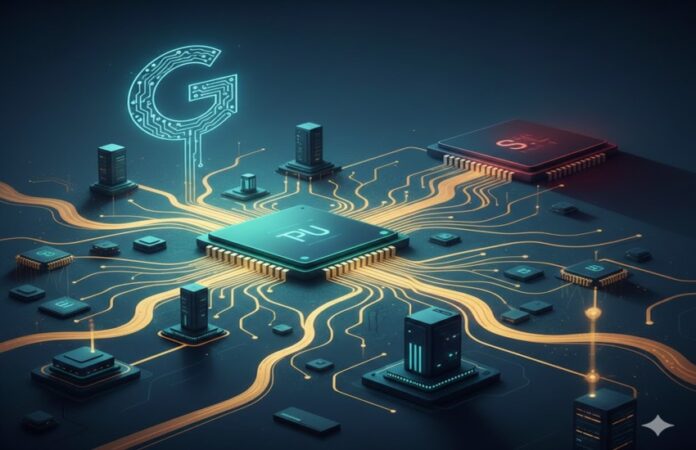 google-tpu-neocloud-strategy-vs-nvidia-ai-infrastructure Illustration of Google TPU chip connected to multiple data centers symbolizing AI infrastructure expansion and Nvidia competition