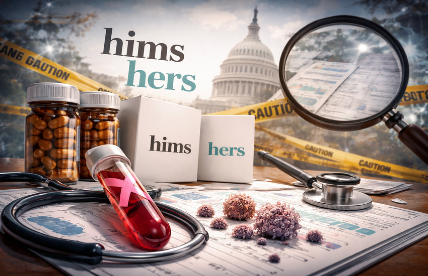 Editorial concept image showing Hims & Hers branding, cancer diagnostics, and regulatory scrutiny with the U.S. Capitol in the background.